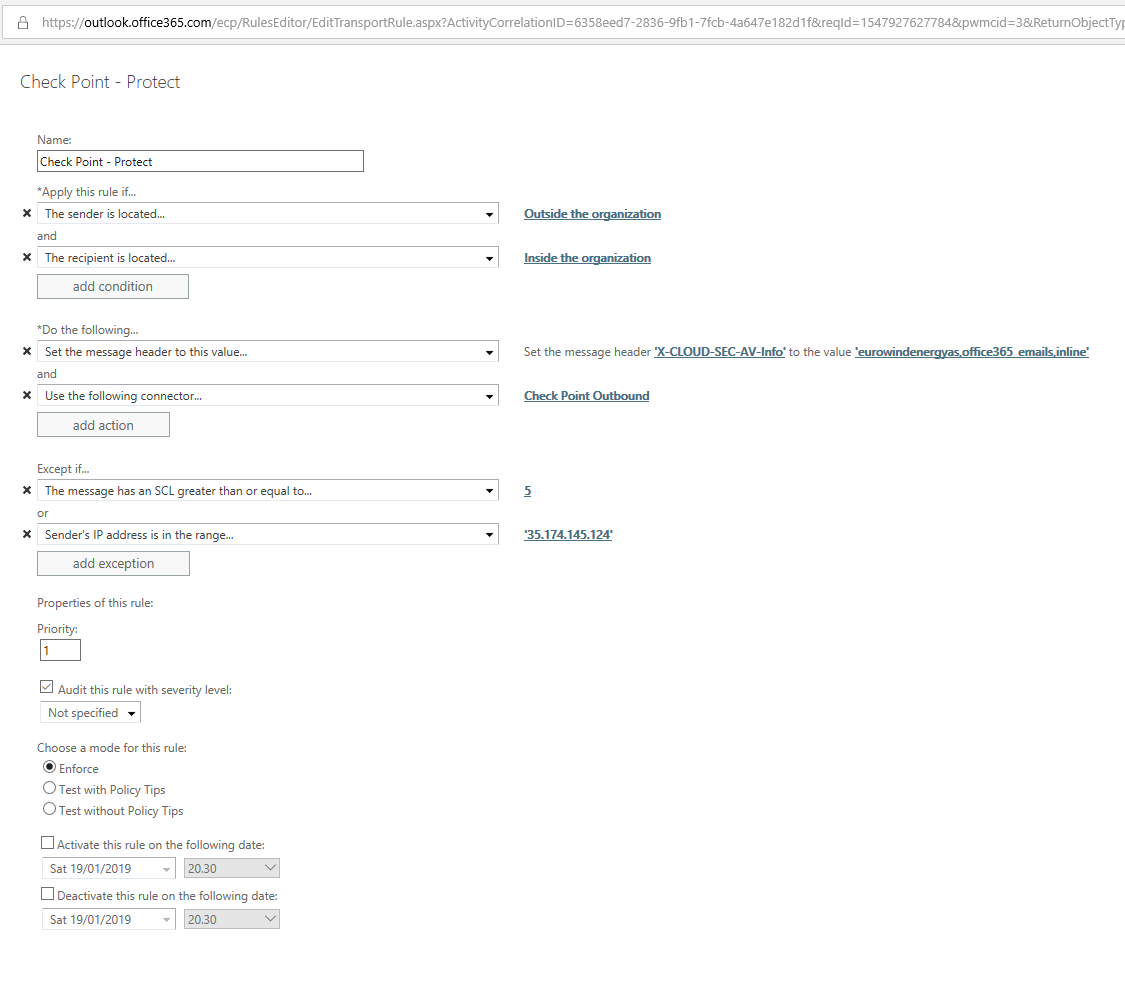 Exchange Online Transport Rule - Check Point Protect